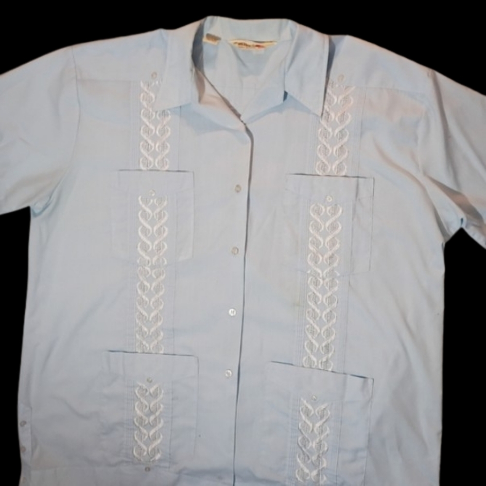 Men's Guayabera 2Xlarge Blue Short Sleeve Button-Down Wedding Dress Shirt Preppy
